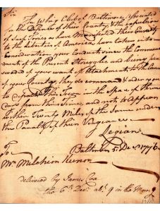 MARYLAND STATE PAPERS (Revolutionary Papers) Order to leave town. Dec. 5, 1776. MdHR 19970-13-10 [MSA S997-13-20 01/07/03/013] 