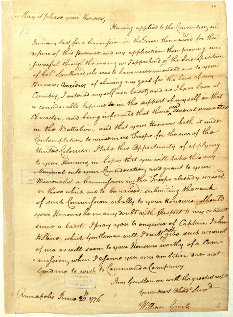 William Courts to Convention of Maryland, 20 June 1776