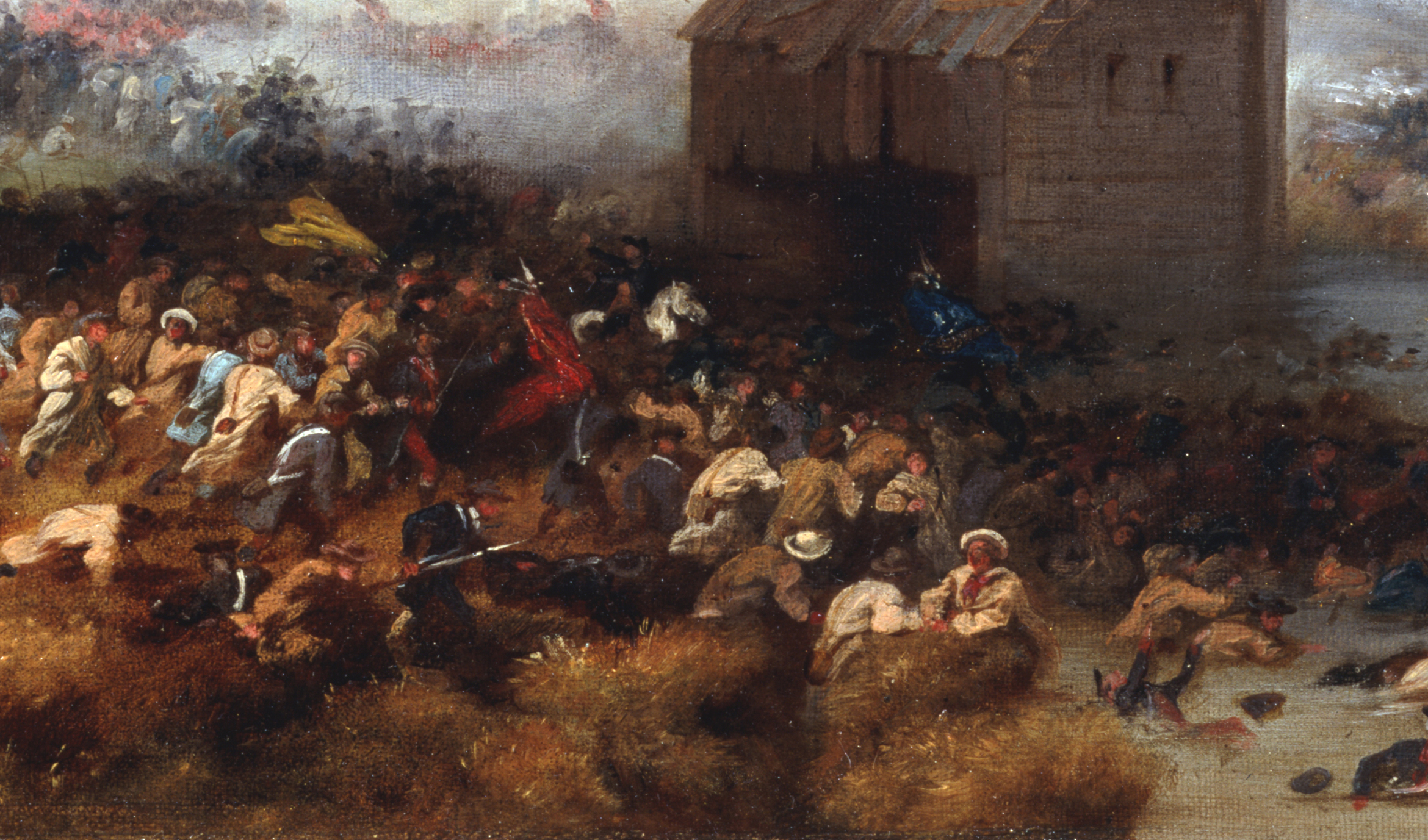 American soldiers at the Battle of Brooklyn, showing some fighting and others retreating through the Gowanus Creek